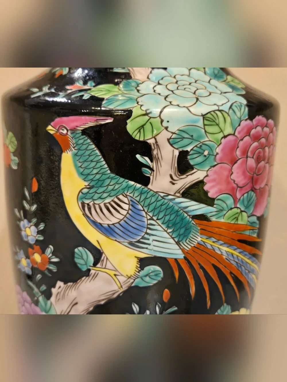 Hand Painted Chinoiserie Bird Of Paradise Ceramic Vase - Black Background